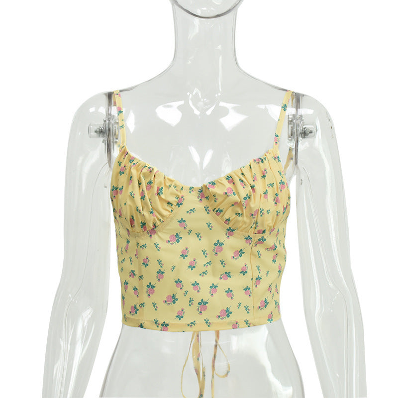Sleeveless Floral Adjustable Strap Ultra-short Slim Top