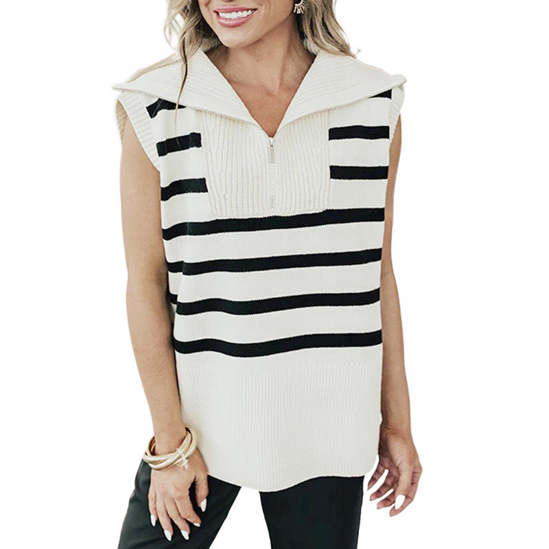 Women's Polo Collar Striped Sweater Vest