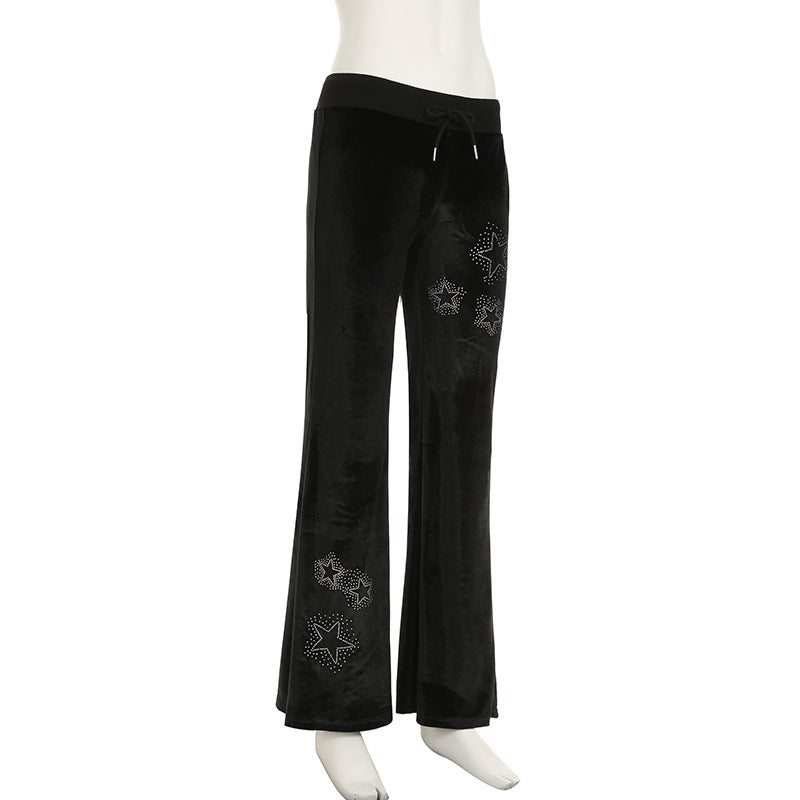 Drilling Low Waist Drawstring Patchwork Slimming Casual Pants