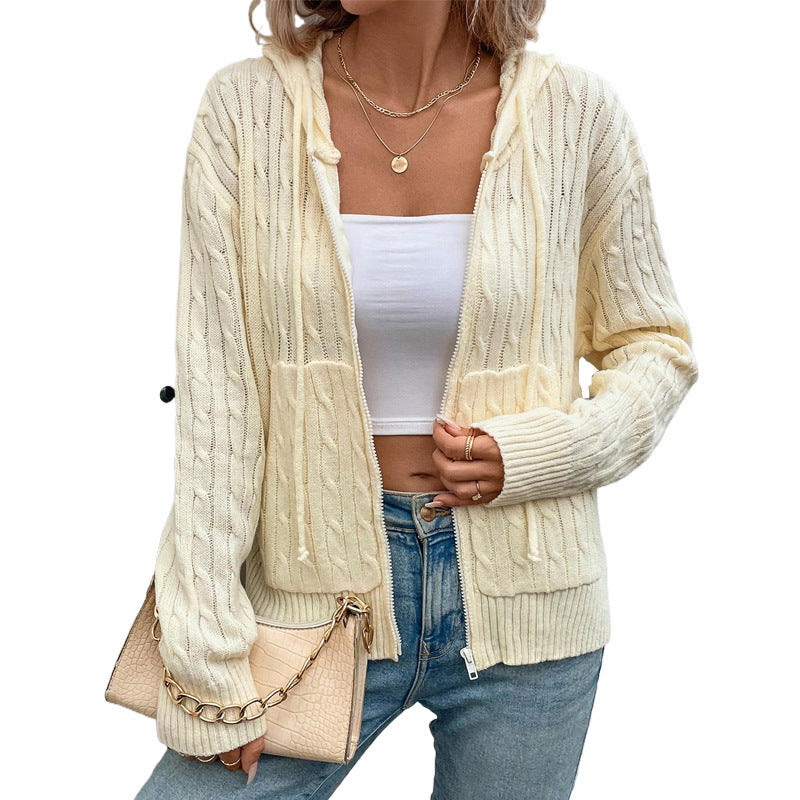 Women's Hooded Twisted Solid Color Sweater Cardigan
