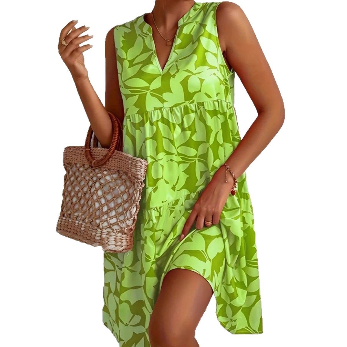 Women's V-neck Printed Dress Sleeveless