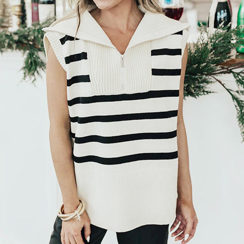Women's Polo Collar Striped Sweater Vest