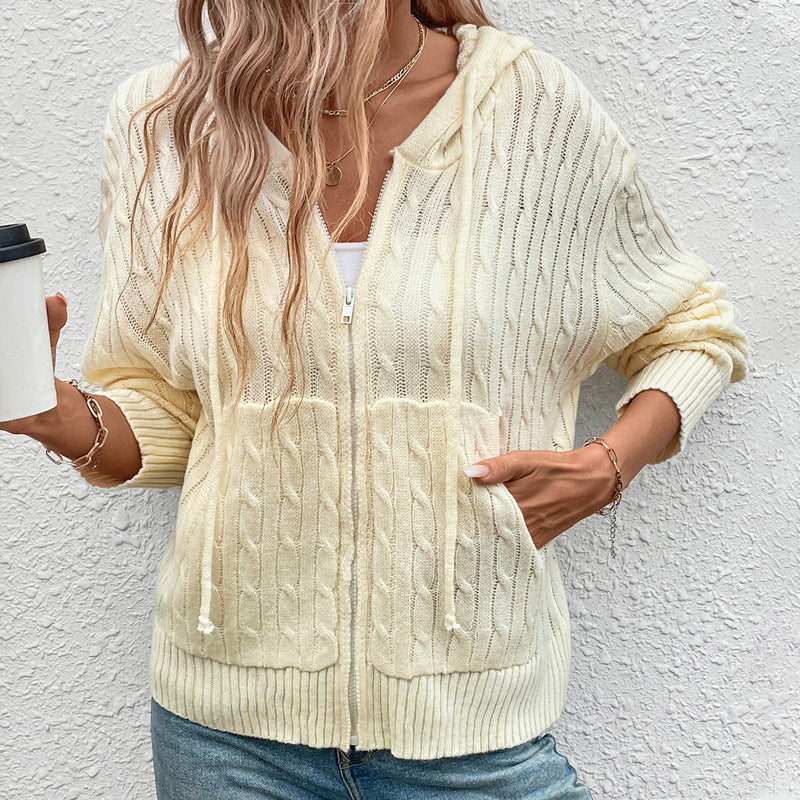 Women's Hooded Twisted Solid Color Sweater Cardigan