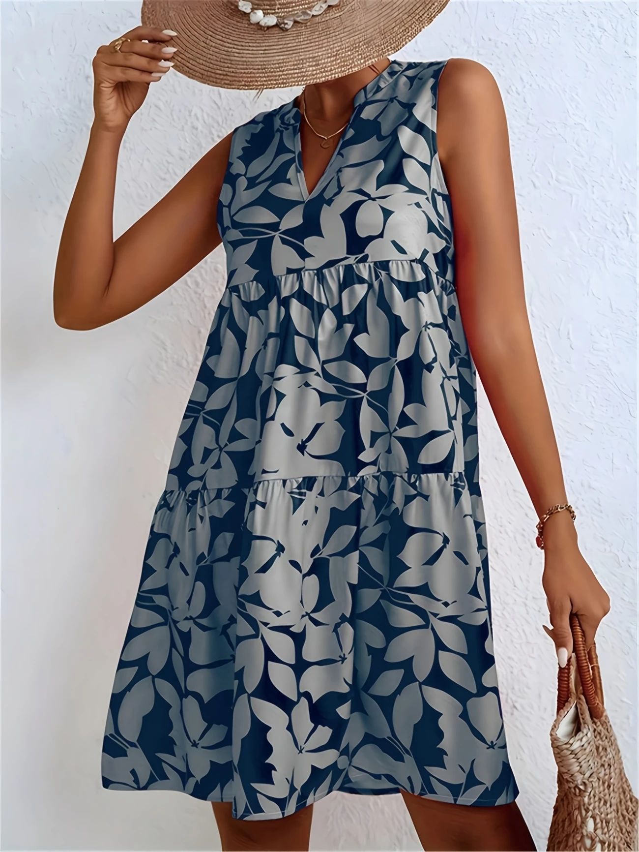 Women's V-neck Printed Dress Sleeveless