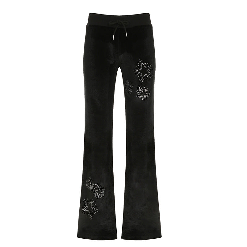 Drilling Low Waist Drawstring Patchwork Slimming Casual Pants