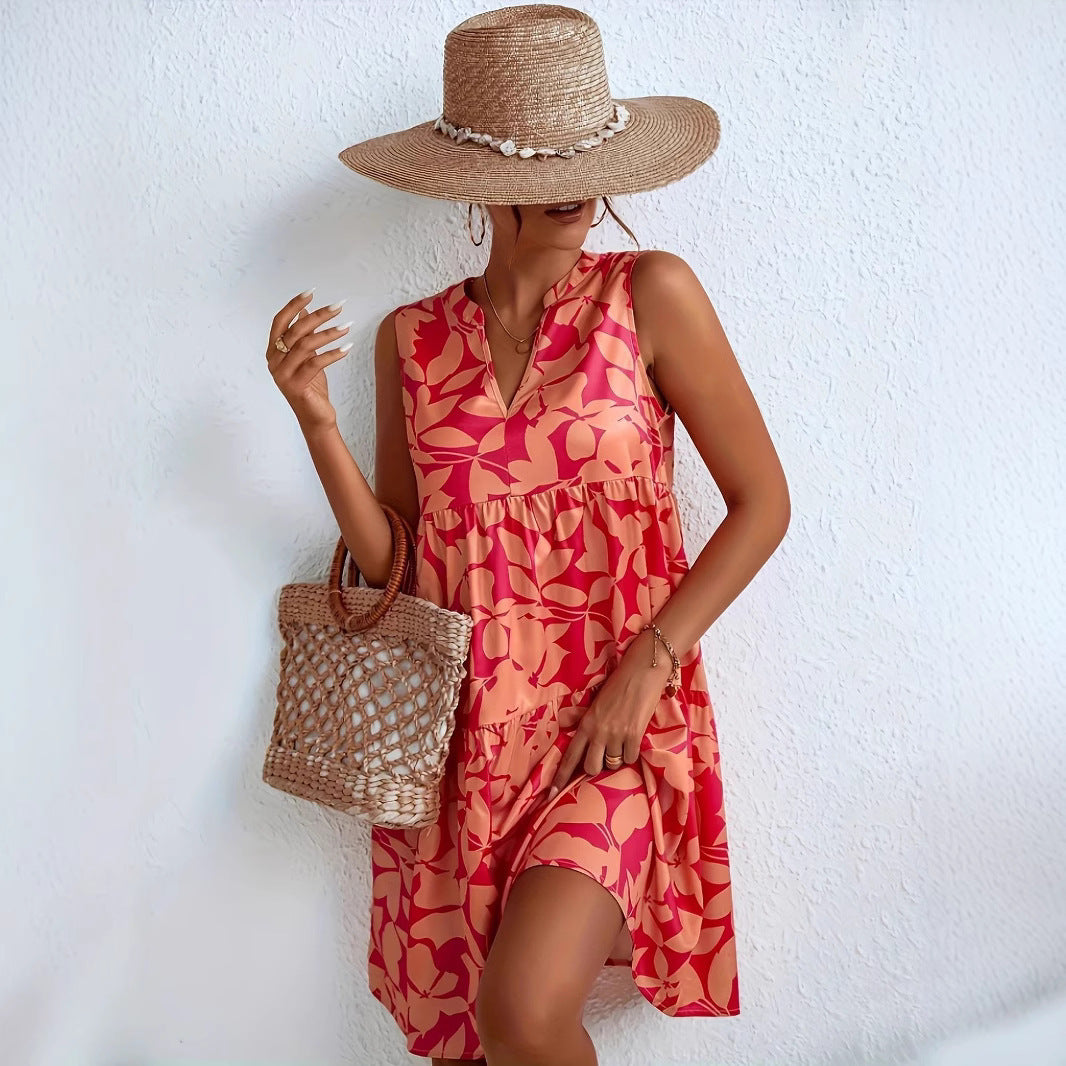 Women's V-neck Printed Dress Sleeveless