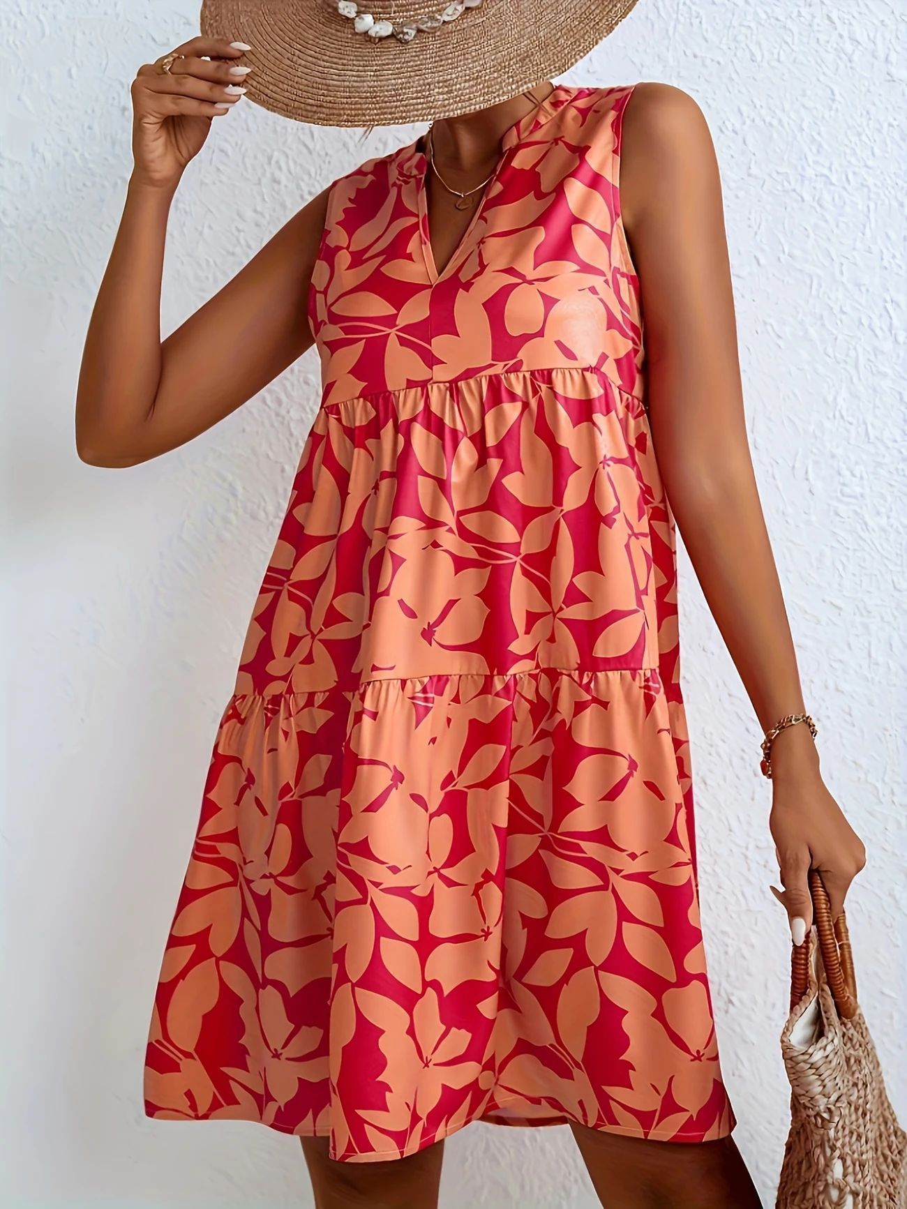 Women's V-neck Printed Dress Sleeveless