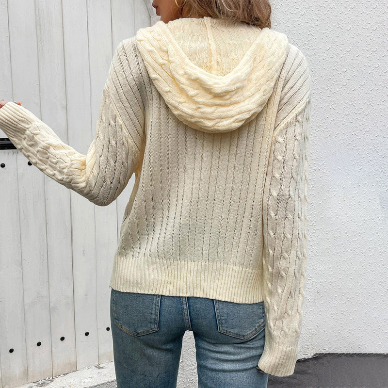 Women's Hooded Twisted Solid Color Sweater Cardigan