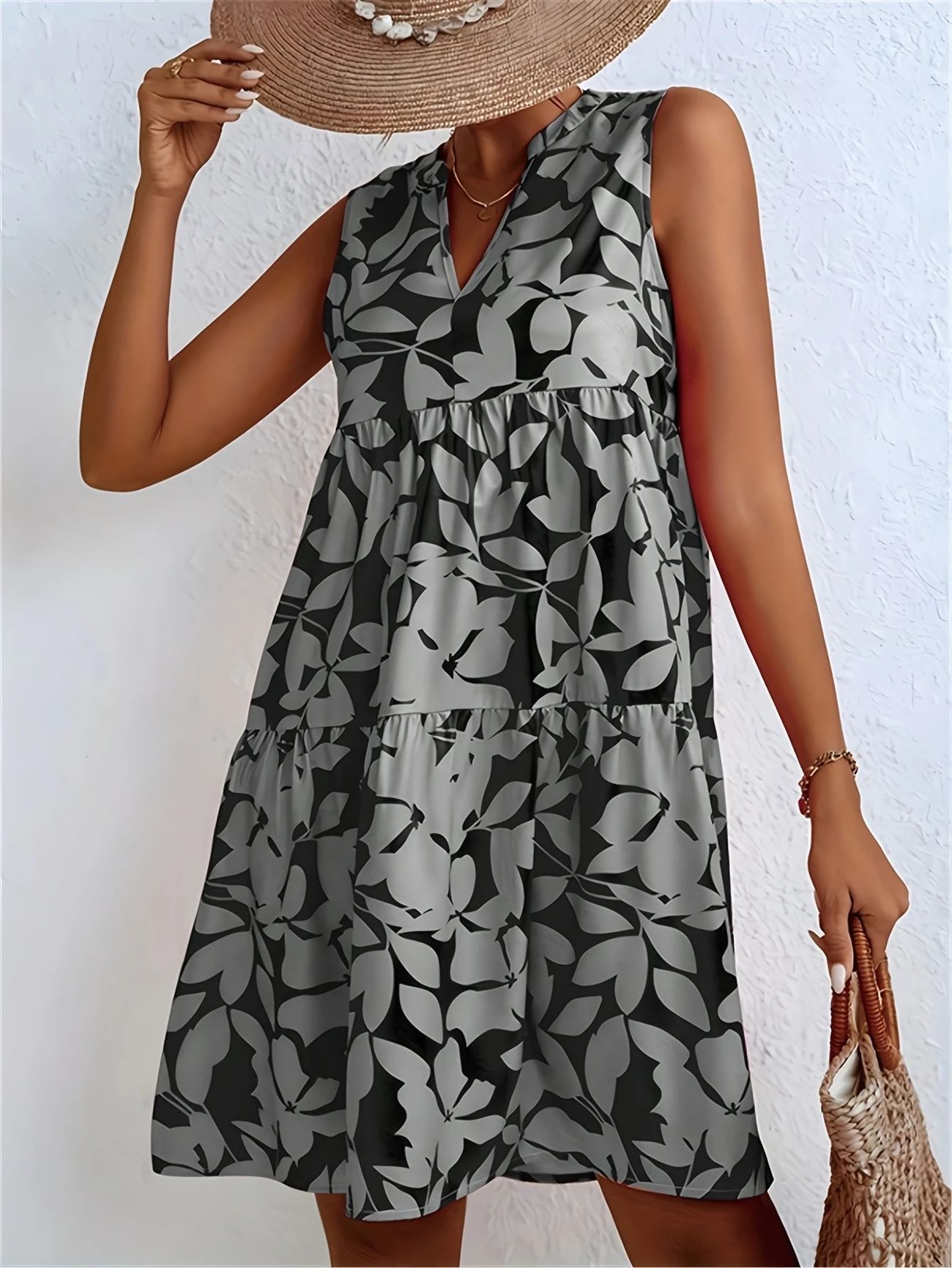 Women's V-neck Printed Dress Sleeveless