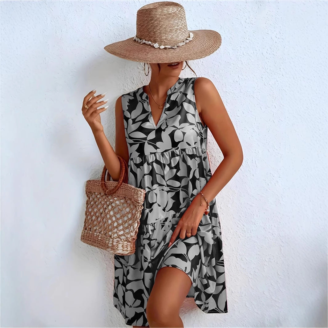 Women's V-neck Printed Dress Sleeveless