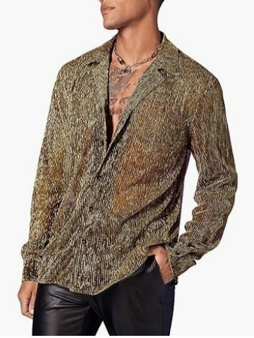Fashion Shiny Crystal See-through Lapel Long Sleeve Shirt