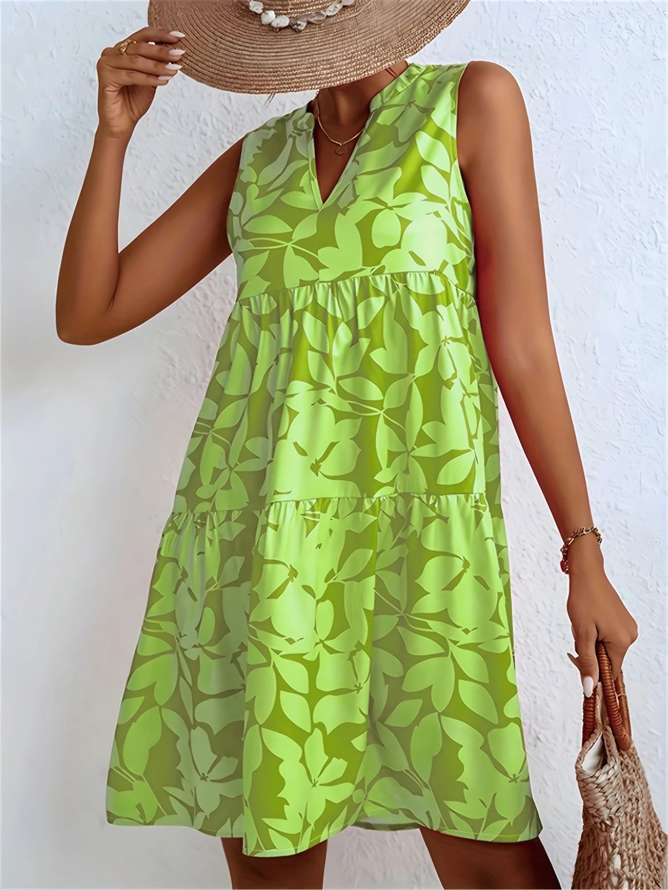 Women's V-neck Printed Dress Sleeveless
