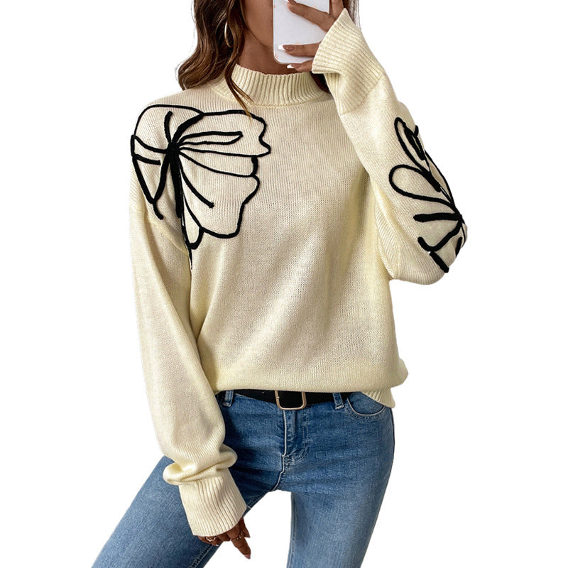 Women's Half Turtleneck Flower Pattern Sweater