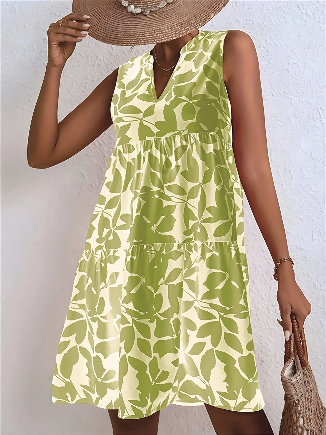 Women's V-neck Printed Dress Sleeveless