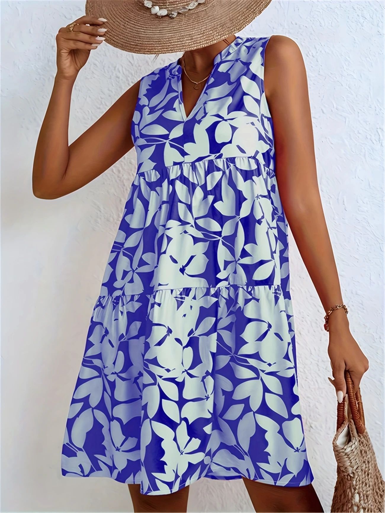 Women's V-neck Printed Dress Sleeveless