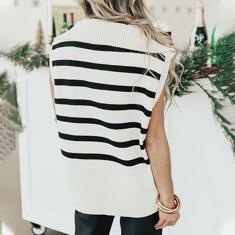 Women's Polo Collar Striped Sweater Vest