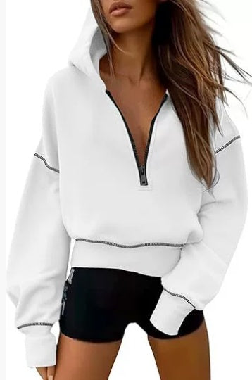 Hooded Sweatshirt Long Sleeve Half Zip Cropped Sweatshirt Fashionable Casual Women Autumn And Winter