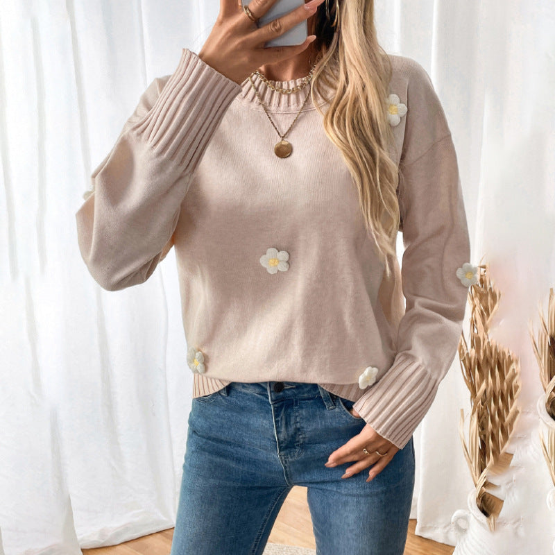 Flower Decorative Knitted Pullover Crew Neck Sweater