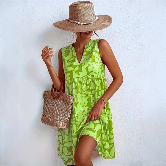 Women's V-neck Printed Dress Sleeveless