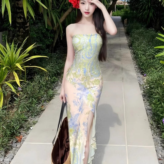 Seaside Holiday Slit Slim-fitting Twisted Tube Top Dress