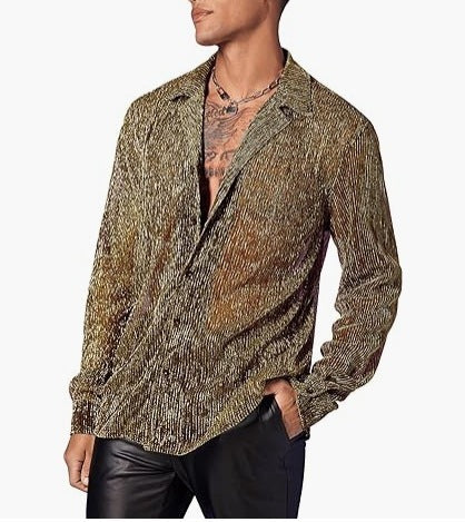 Fashion Shiny Crystal See-through Lapel Long Sleeve Shirt