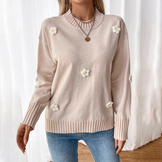 Flower Decorative Knitted Pullover Crew Neck Sweater