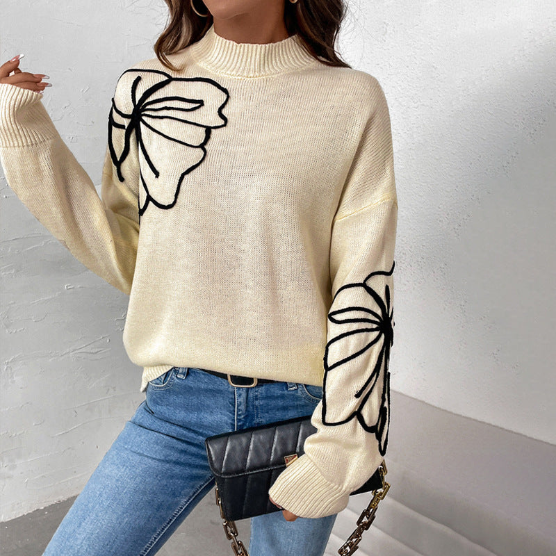 Women's Half Turtleneck Flower Pattern Sweater