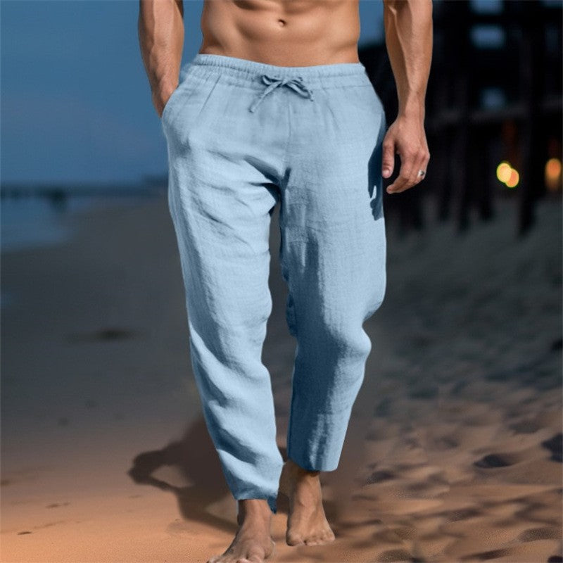 New Men's Solid Color Drawstring Cotton And Linen Loose Beach Casual Pants Slim