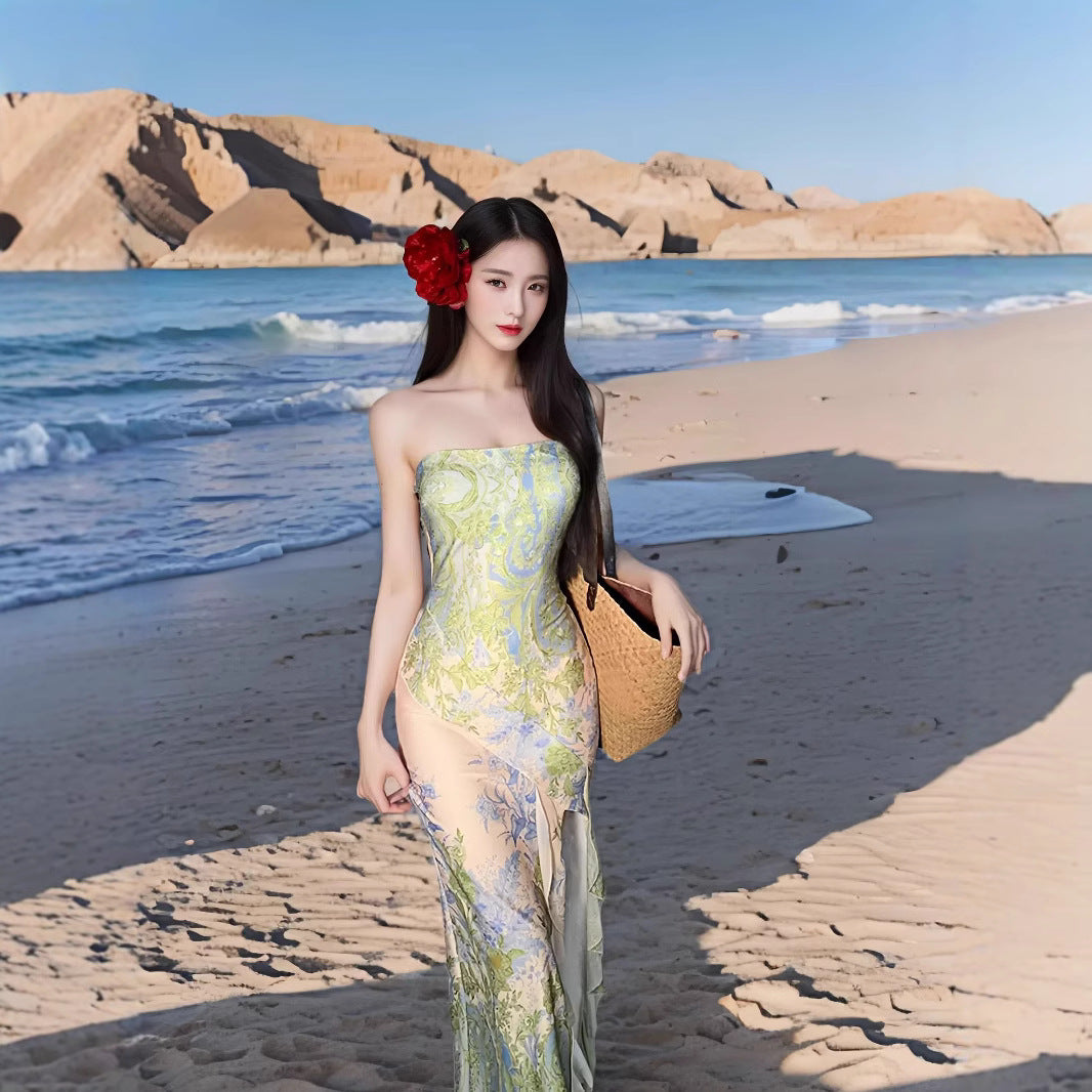 Seaside Holiday Slit Slim-fitting Twisted Tube Top Dress