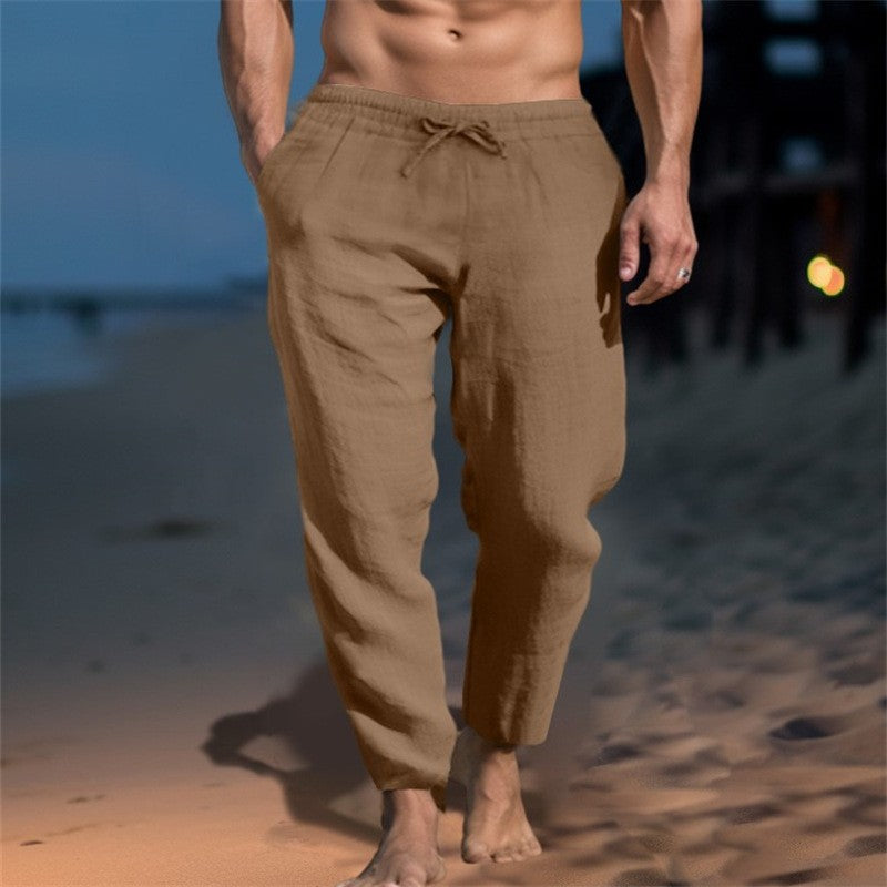 New Men's Solid Color Drawstring Cotton And Linen Loose Beach Casual Pants Slim