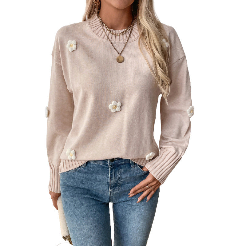 Flower Decorative Knitted Pullover Crew Neck Sweater